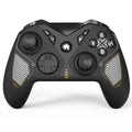 Black wireless game controller for Nintendo Switch with a leather-pattern texture on the grips.
