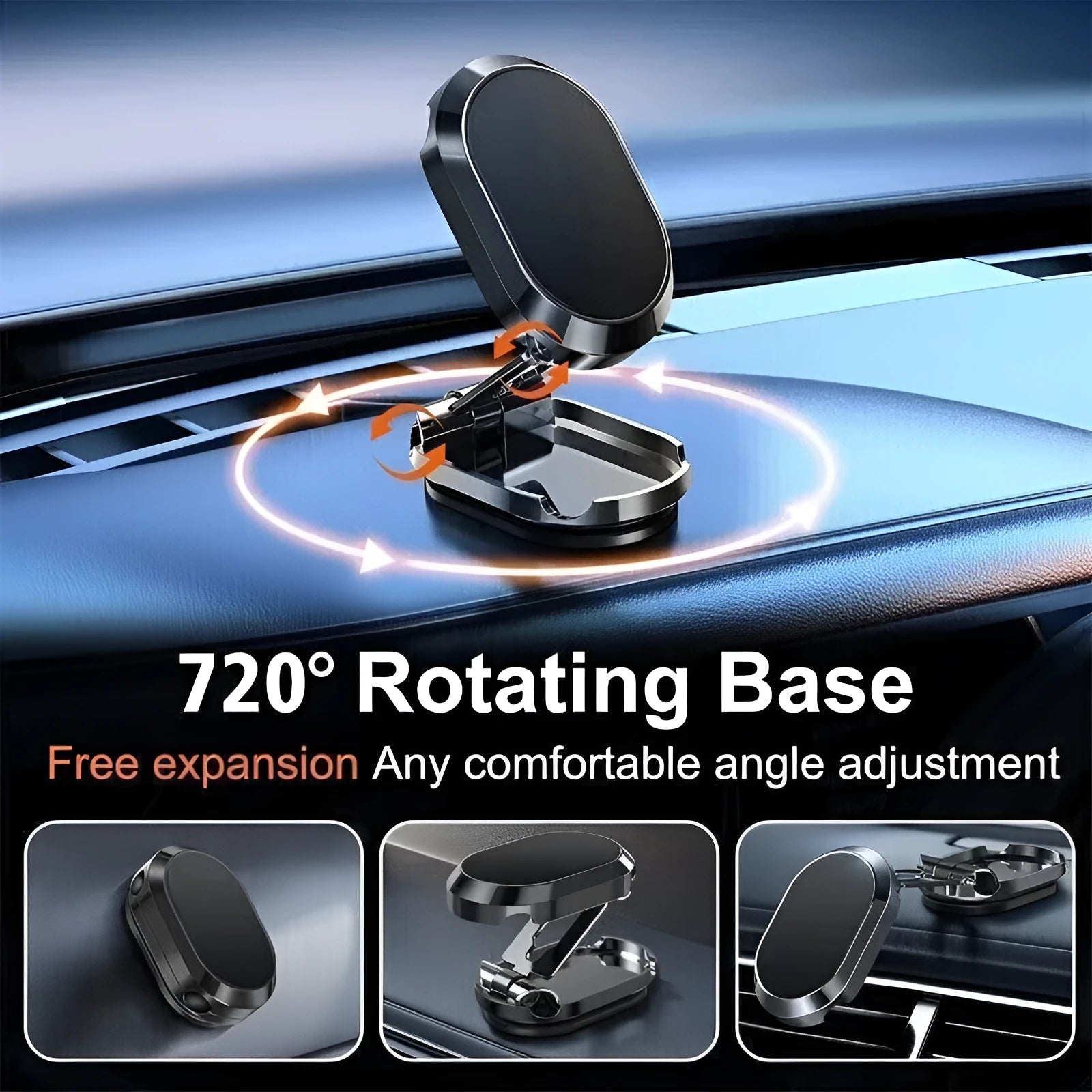 Chrome magnetic car phone holder with folding bracket extended on dashboard