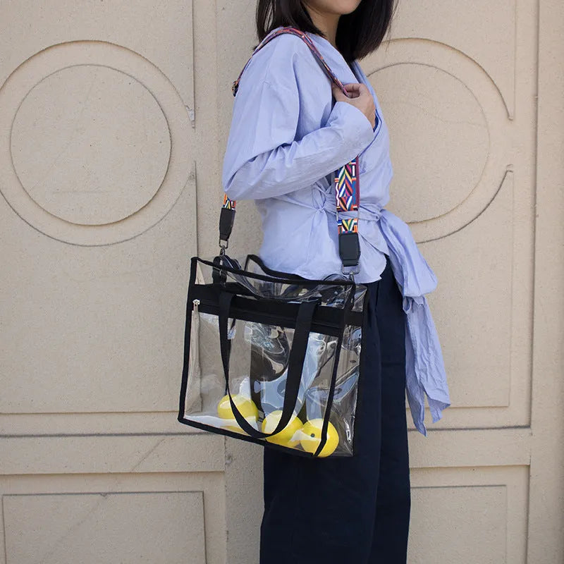 Women's transparent front compartment PVC messenger crossbody bag in multiple colours with side mesh pocket