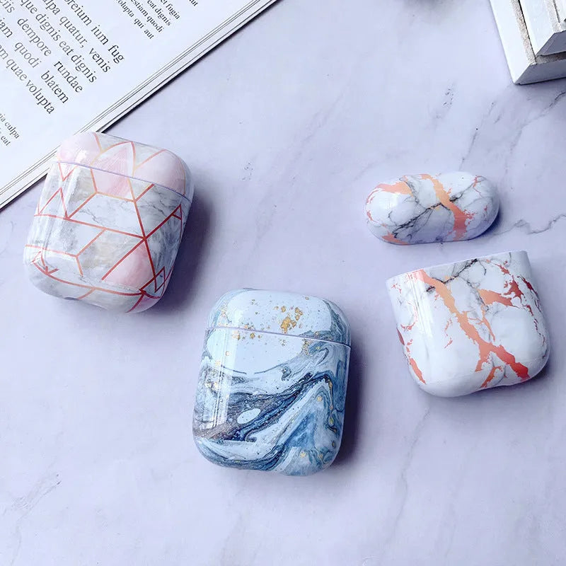 Hard white marble protective case cover for Apple AirPods 1 and AirPods 2 charging case.