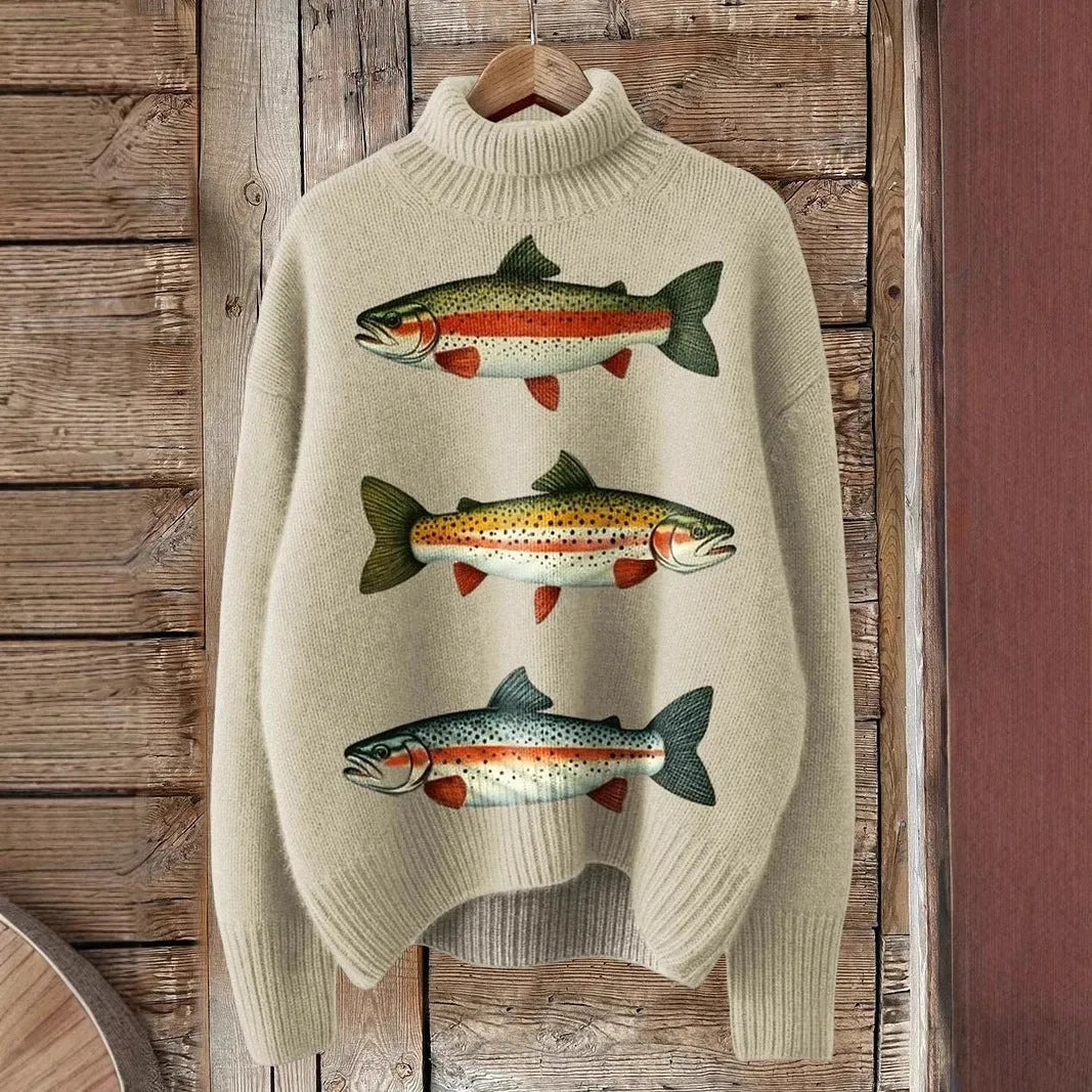 Women's Christmas printed turtleneck sweater with painting pattern in thick needle polyester fabric