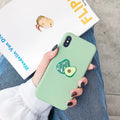 Avocado cartoon print on a green flexible TPU phone case for iPhone.