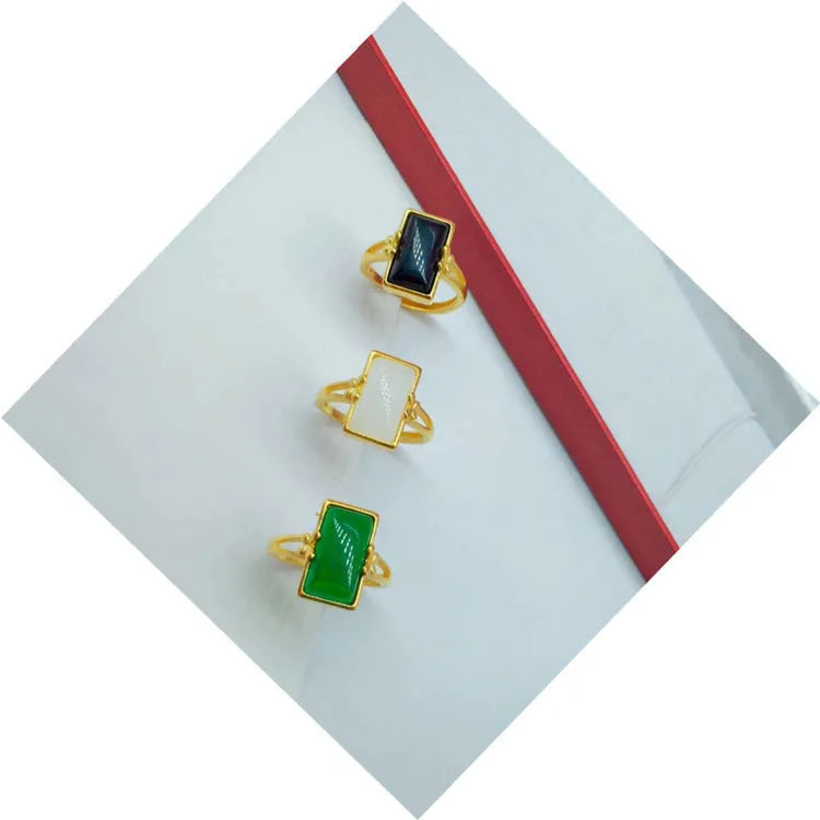 Adjustable brass ring with gold plating and gemstone inlay in national style design