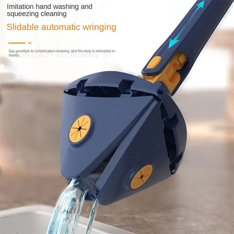 Blue extendable triangle cleaning mop with rotatable head on a stainless steel pole.