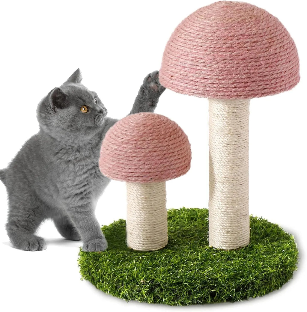 Pink mushroom-shaped cat scratching post with sisal-covered pole and caps on a sturdy base.