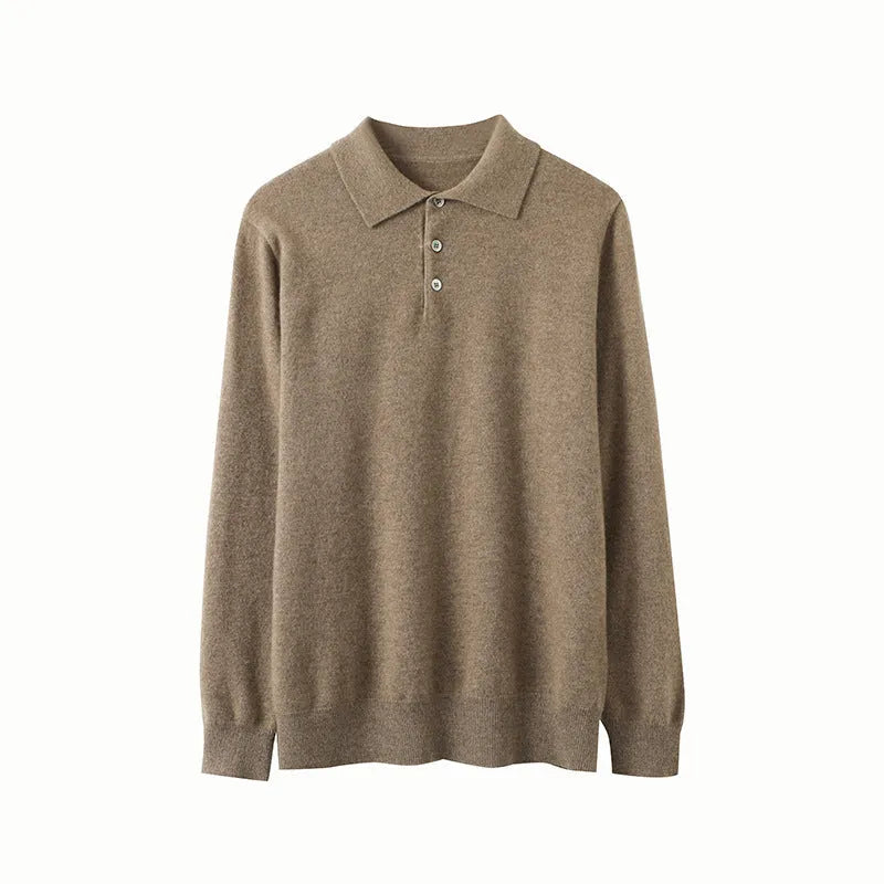 Men's loose fit cashmere pullover sweater with a ribbed polo collar in sapphire blue