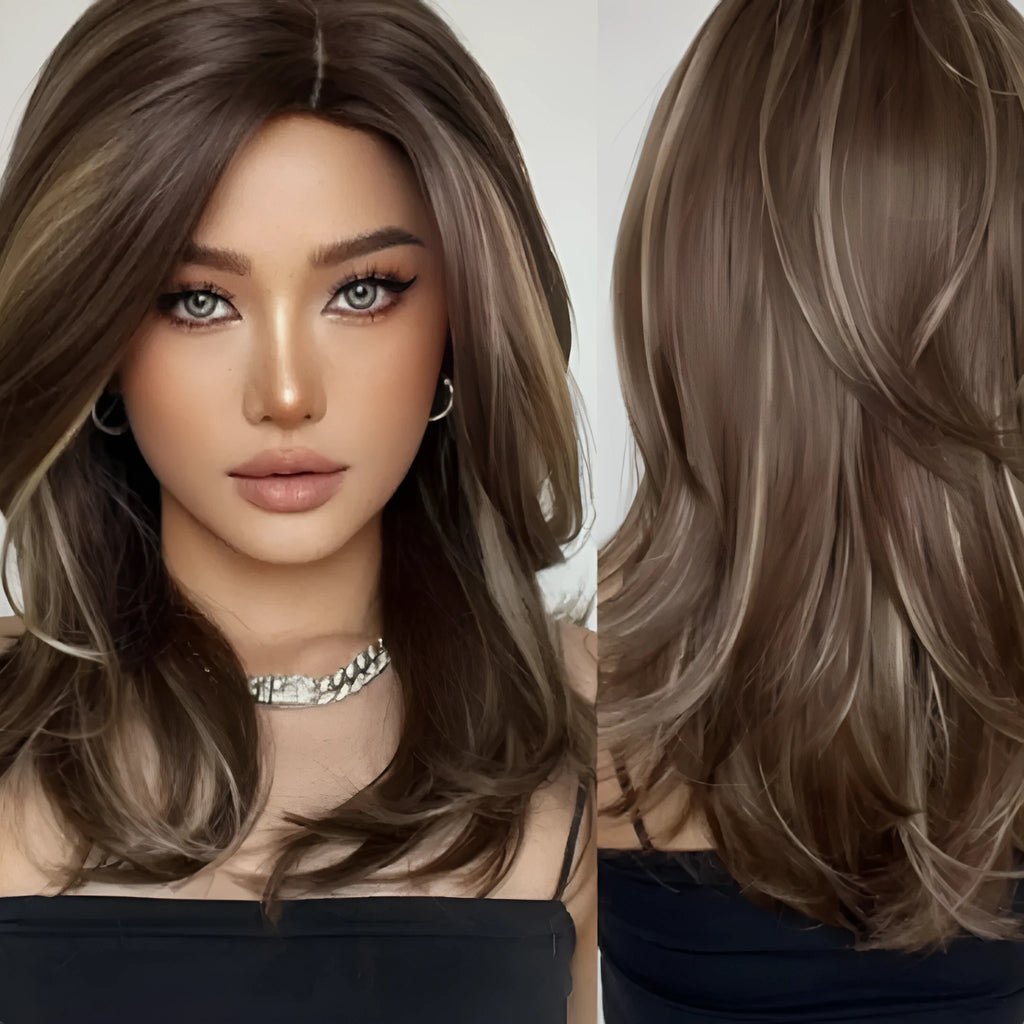 Mid-length curly full-head wig in a platinum gradient colour on a mannequin head.