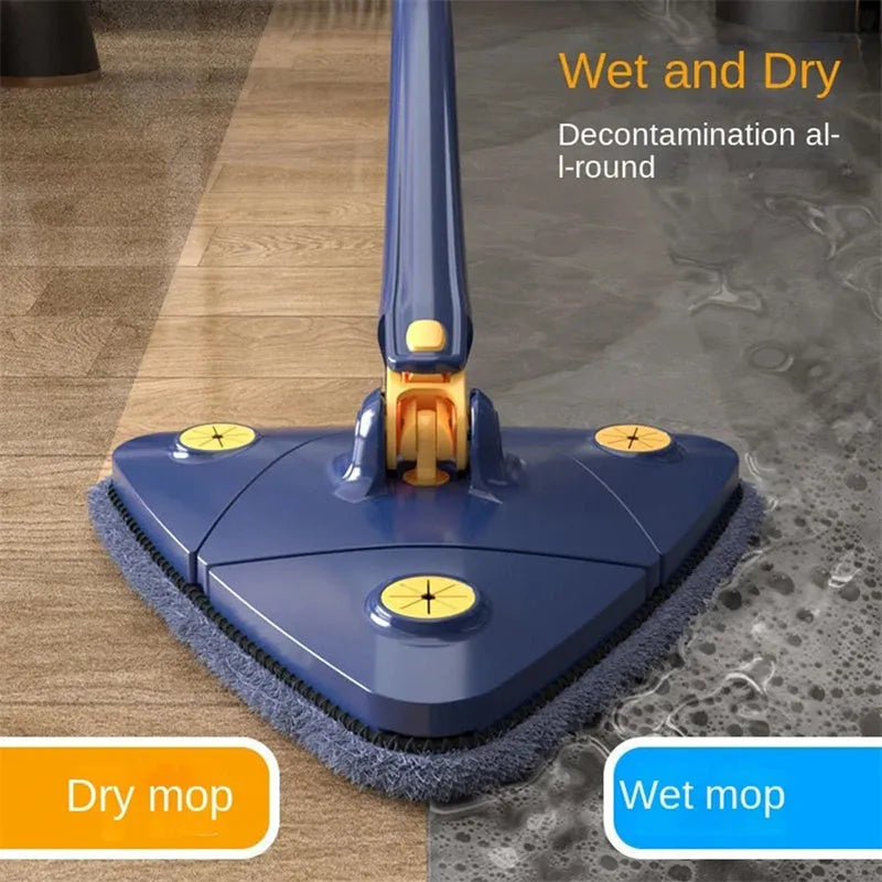 Blue extendable triangle cleaning mop with rotatable head on a stainless steel pole.