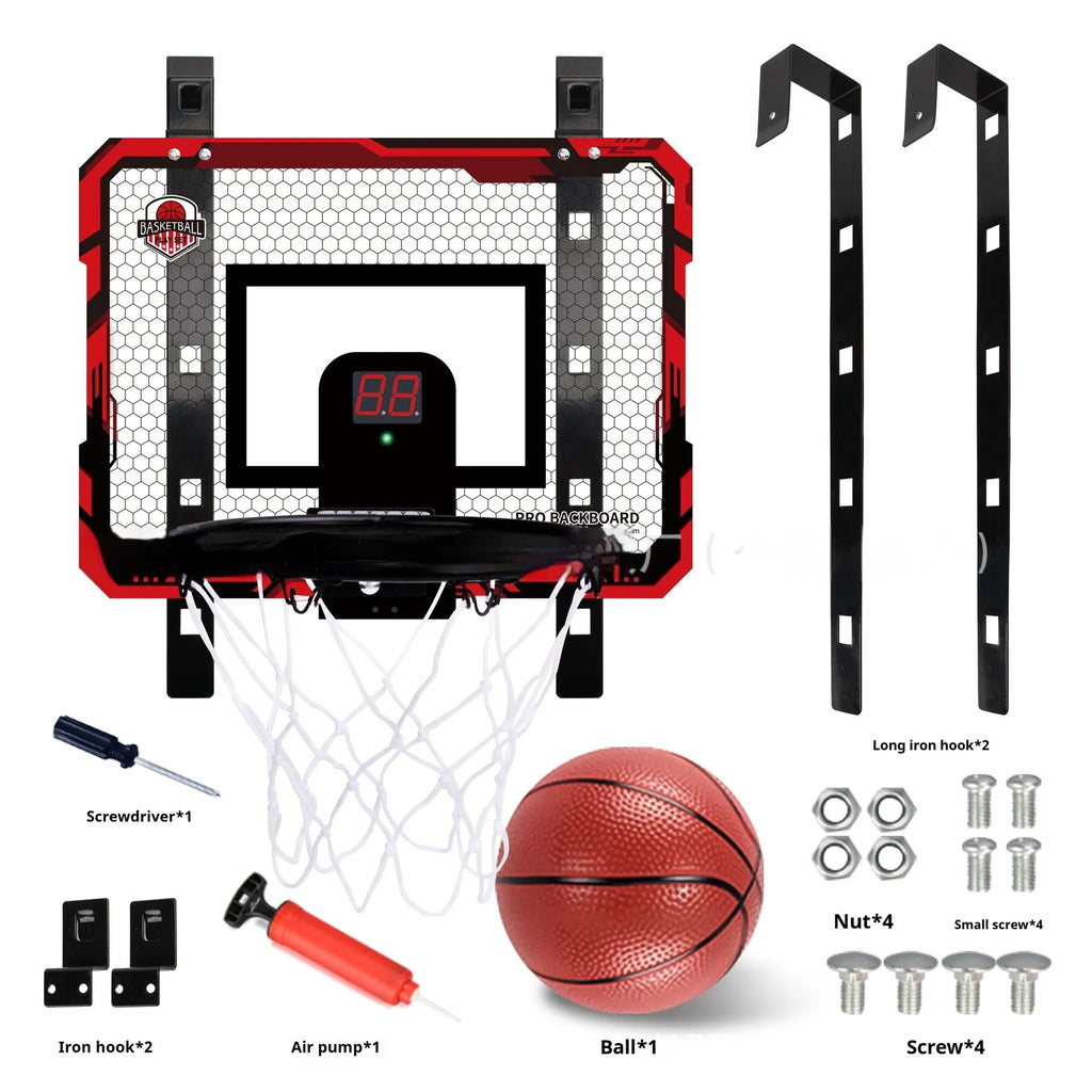 Red and blue folding basketball frame with suction cup and hook on a white wall.
