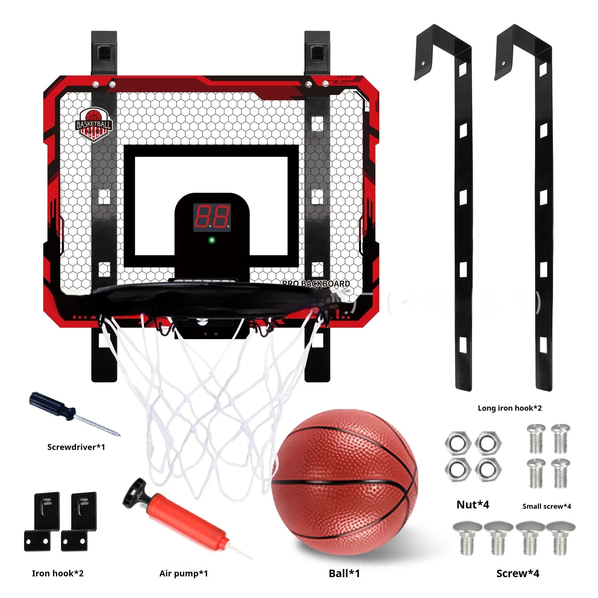 Red and blue folding basketball frame with suction cup and hook on a white wall.