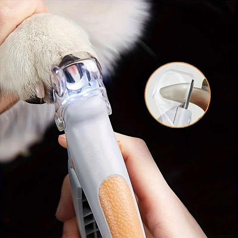 Yellow LED pet nail trimmer with magnifying glass and built-in nail catcher for cats and dogs