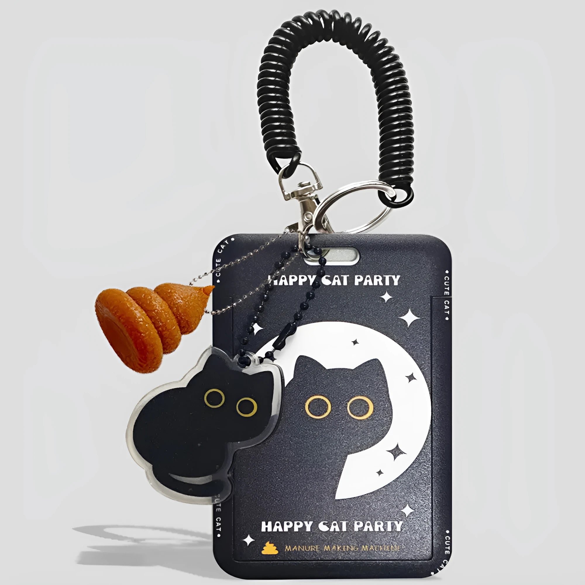 Plastic card sleeve holder with cute black cat cartoon design and ferrule pendant