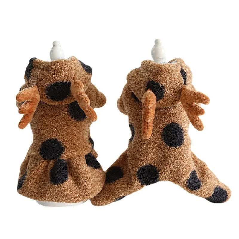 Polka dot pet dog or cat clothing with elk couple design, shown in skirt and four-leg style options.