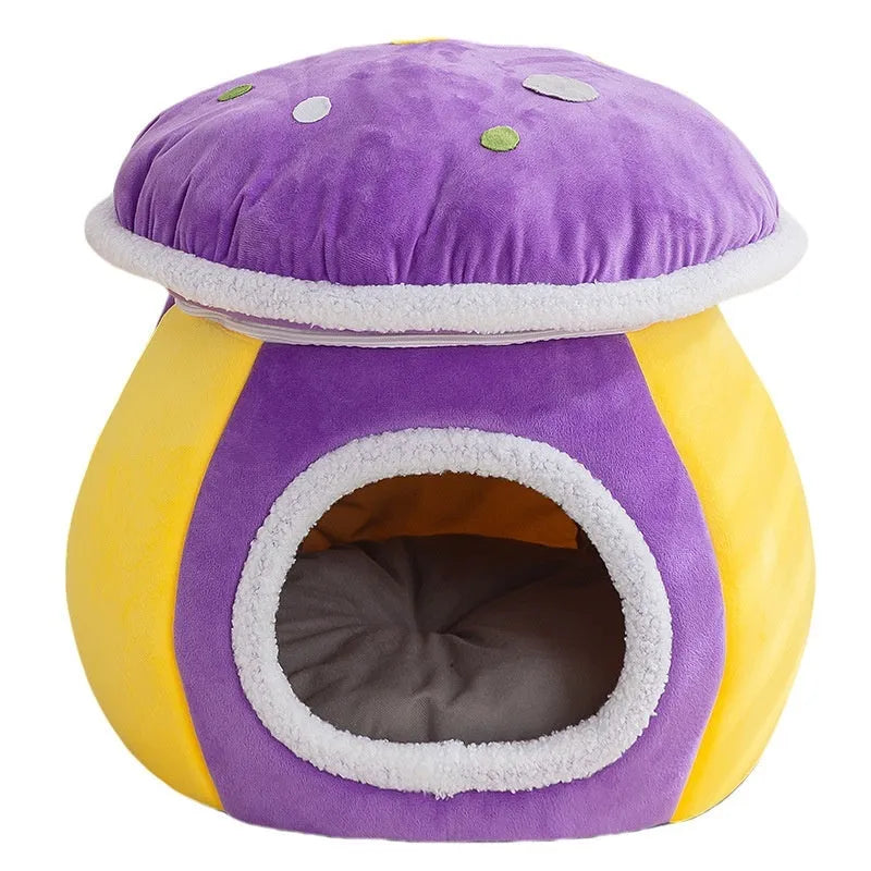 Grey mushroom-shaped plush cat bed for winter, shown with detachable parts and labelled S, L, XL size options.