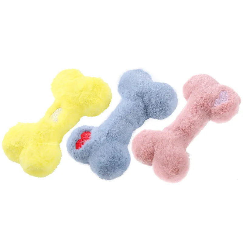 Blue Love Bone shaped plush dog toy with bite resistant texture and internal squeaker.
