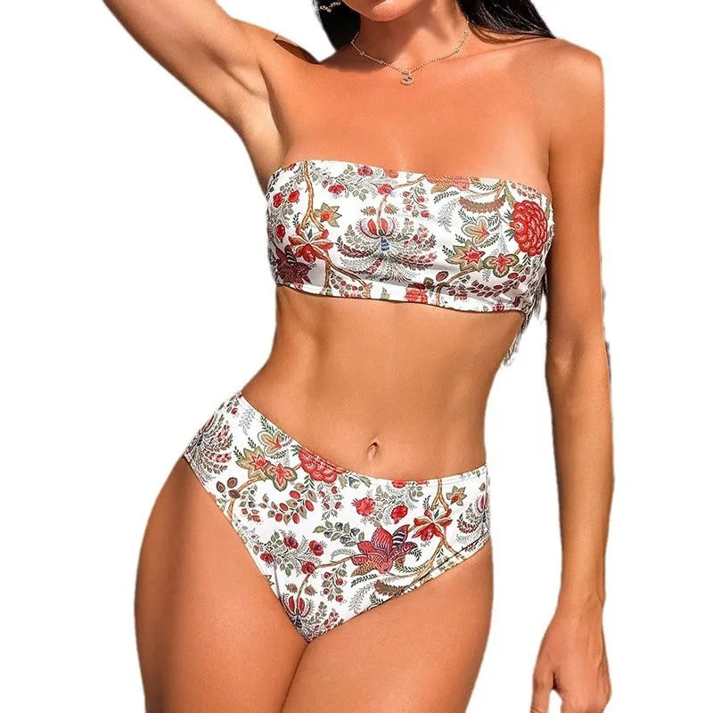 Women's printed bandeau triangle bikini top with matching shorts laid flat.