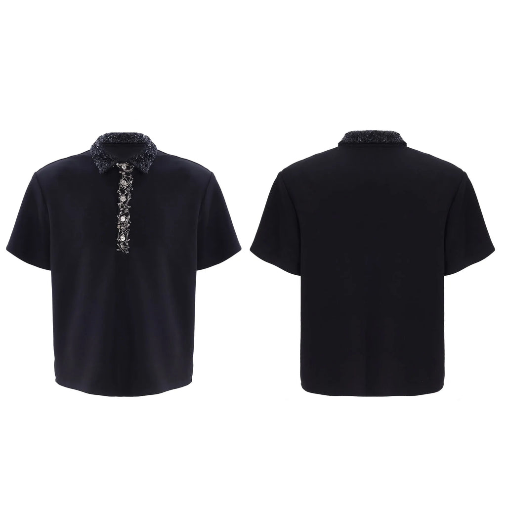 Men's black loose fit polo shirt with square collar and short sleeves.