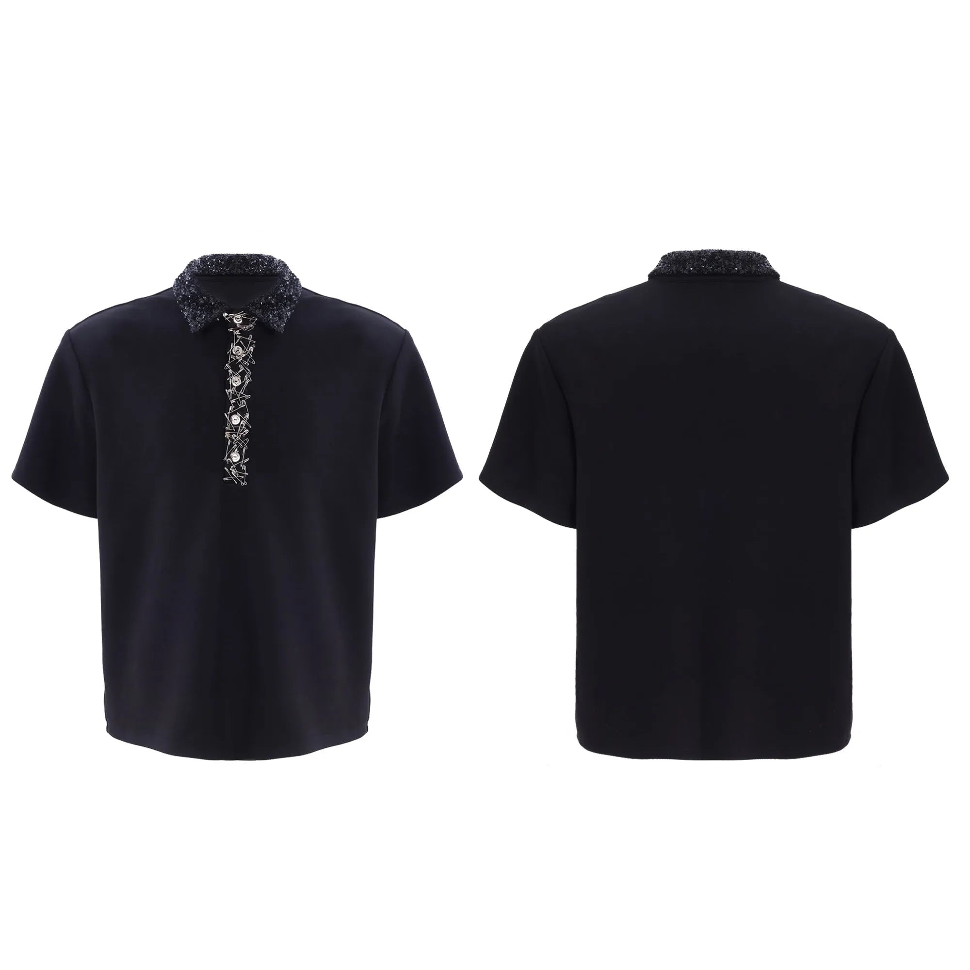 Men's black loose fit polo shirt with square collar and short sleeves.