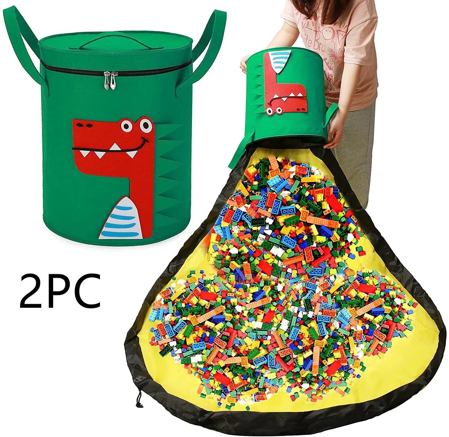 Green felt cube storage bag transformed into flat play mat with pull rope