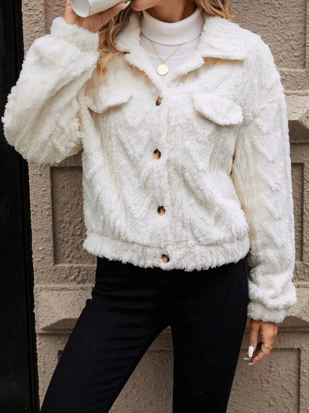Women's ivory white double-sided plush button cardigan coat with long sleeves