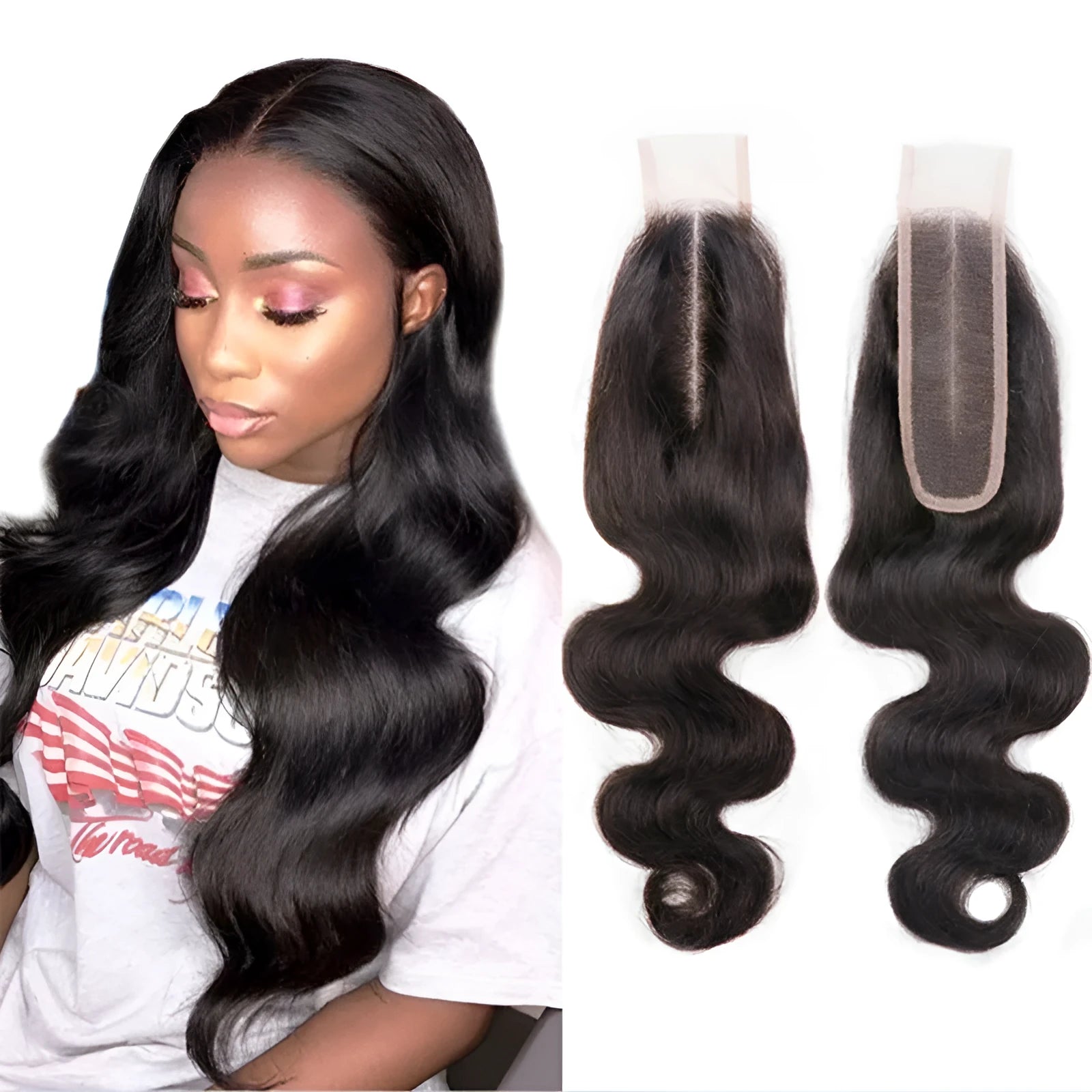 Straight style human hair wig in natural colour displayed on a stand, showing long lengths.