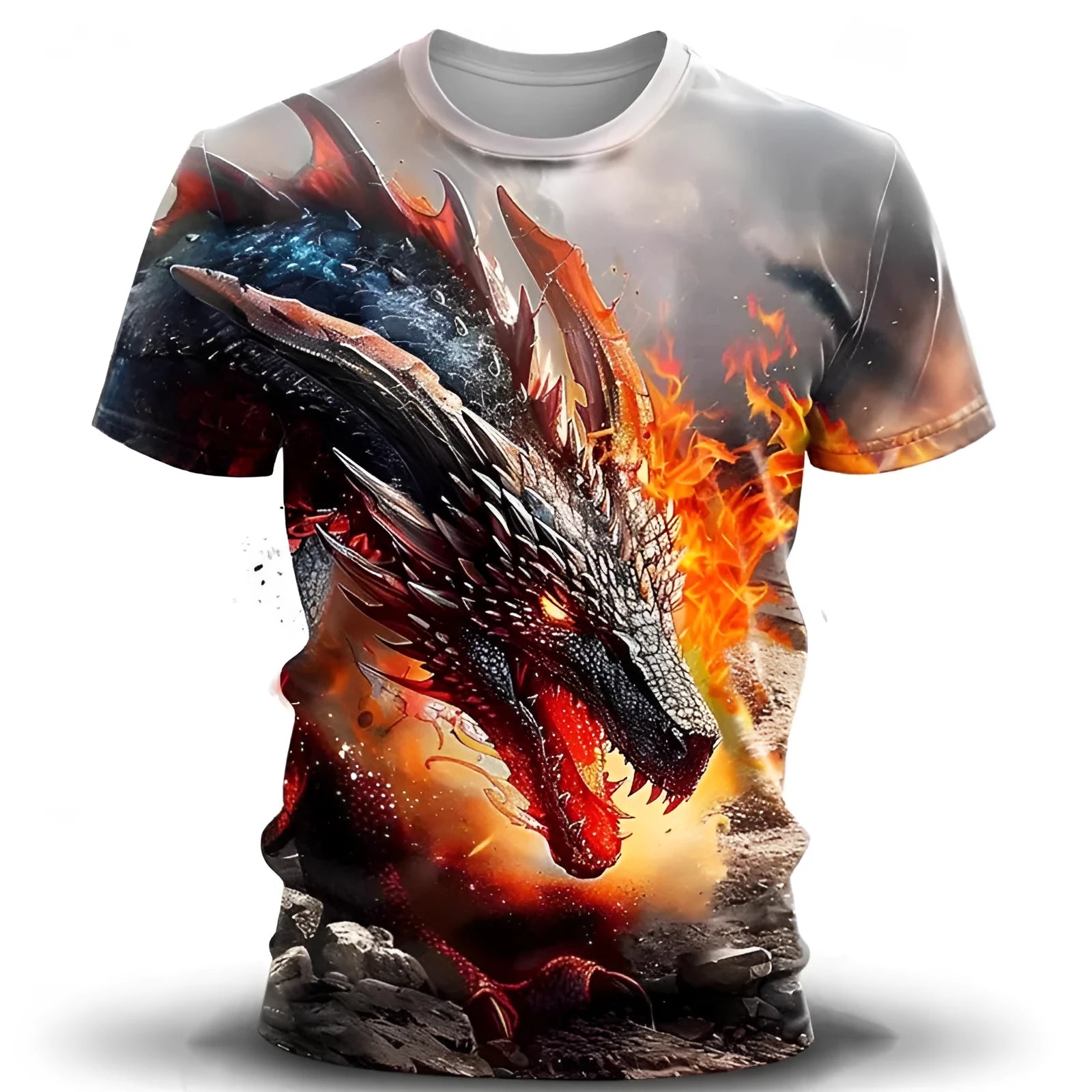 Men's black T-shirt with 3D silver wind dragon print design on front