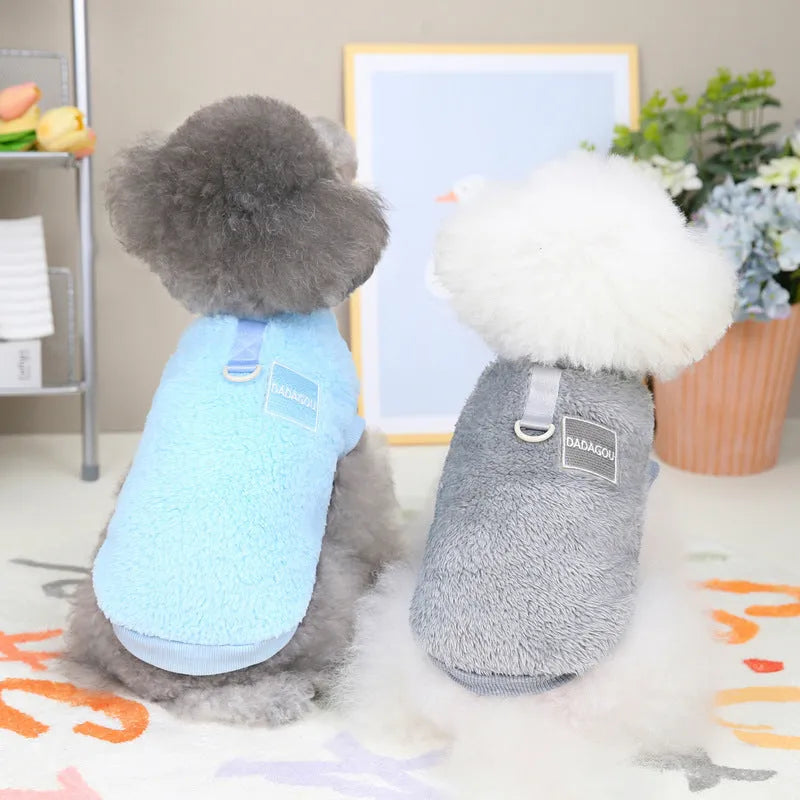 Coral fleece pet jacket for dogs and cats in blue, shown with five-colour pull rings