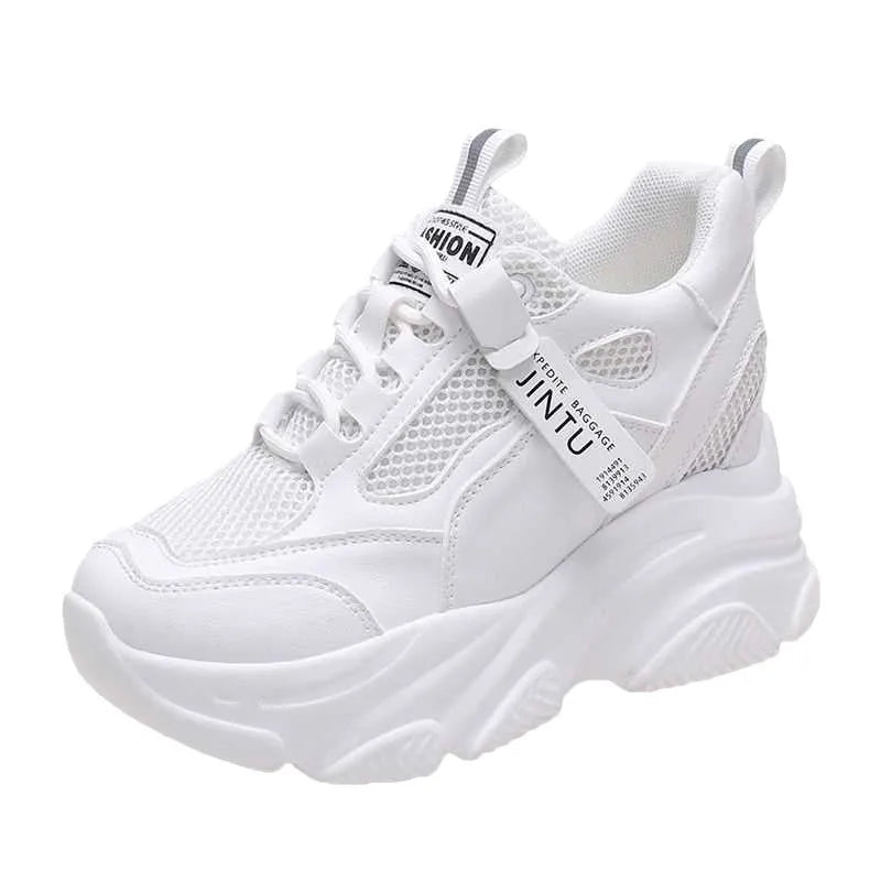 Women's black platform casual shoes with mesh upper, hollow-out design, and a velvet lining.