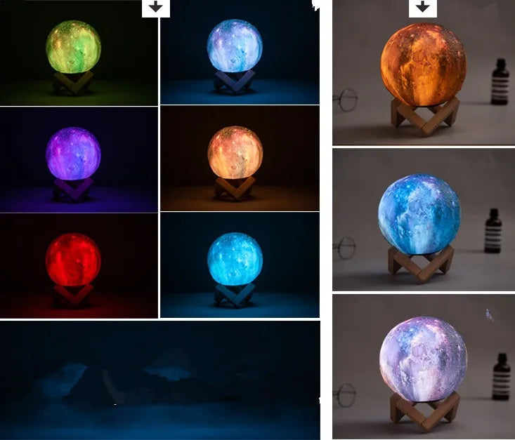 3D printed spherical lunar night light with colour changing LEDs and touch control.