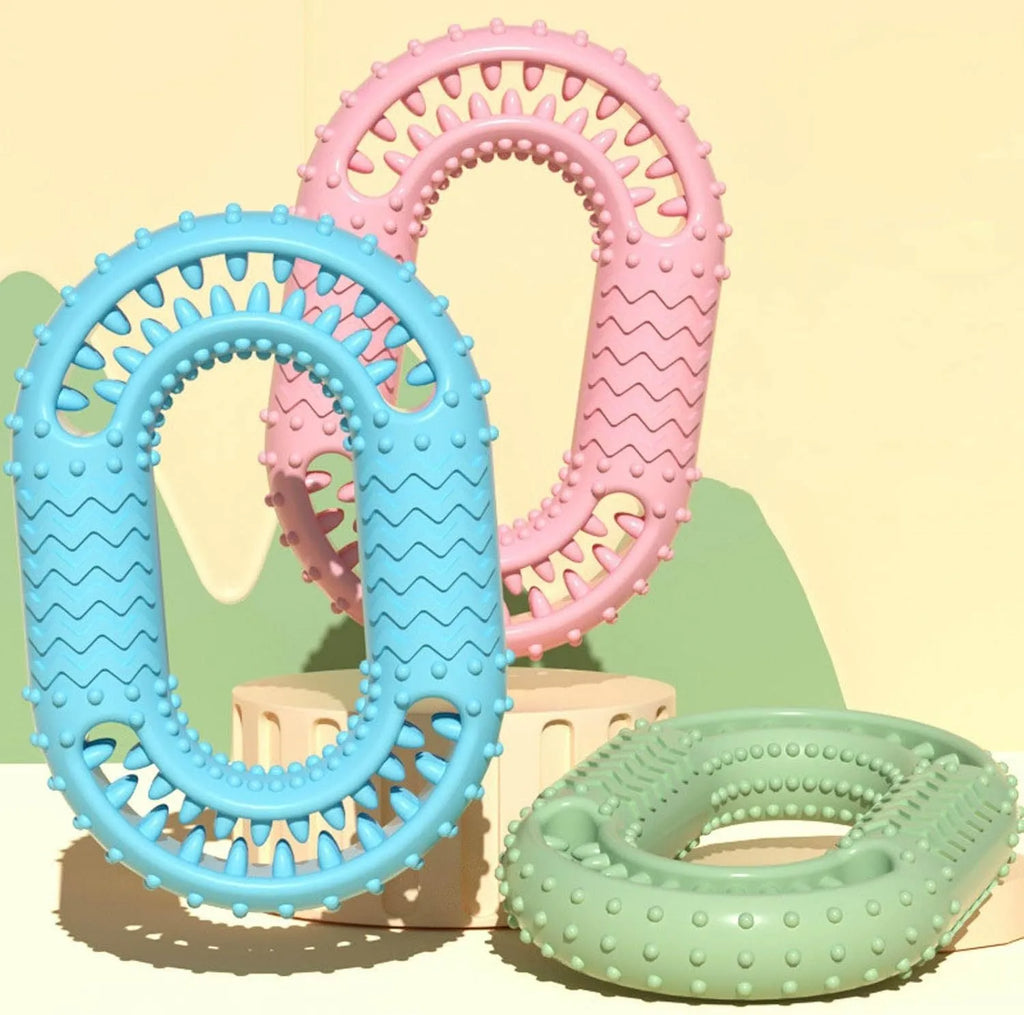 Blue O-ring shaped dog chewing toy for aggressive chewers and dental care