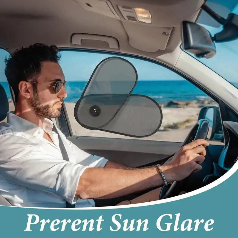 Black adjustable car side window sunshade with suction cups stretched over glass