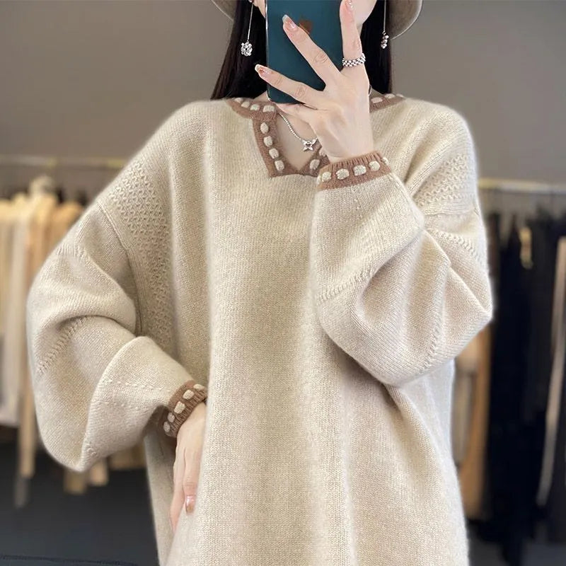 Women's V-neck pullover sweater in camel and white colours with regular long sleeves