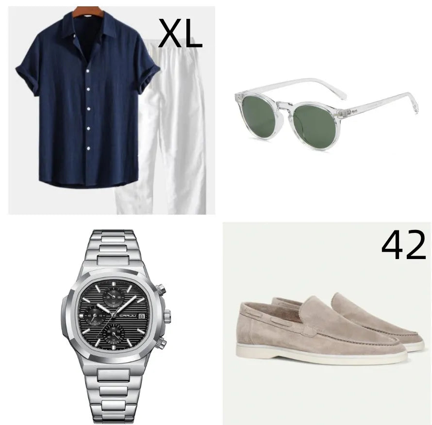 Casual loose beachwear set in a cotton-linen blend, shown in navy blue, on a model.