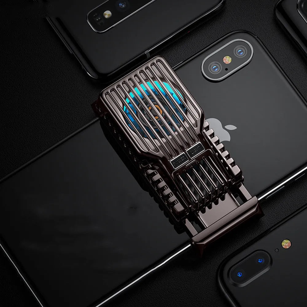 Black mobile phone cooling fan radiator clipped to a smartphone, with USB cable.