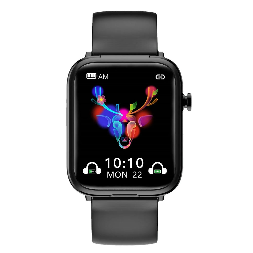 Black zinc-alloy smartwatch with 1.69-inch touchscreen, functioning as a Bluetooth headset and fitness tracker.