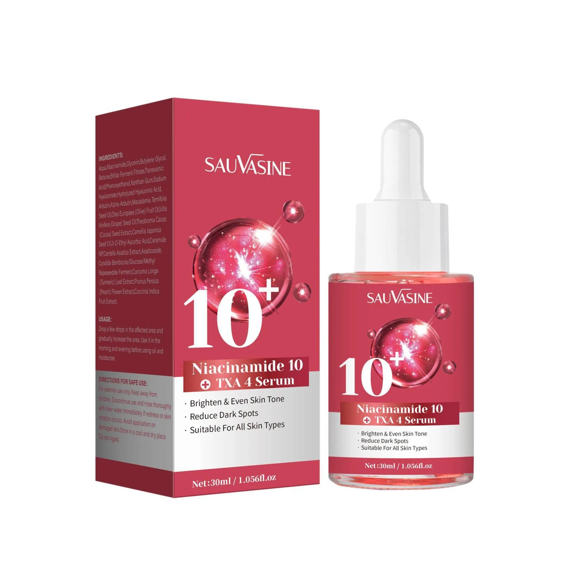30ml bottle of Niacinamide 10% and Tranexamic Acid 4% facial serum for skin brightening.