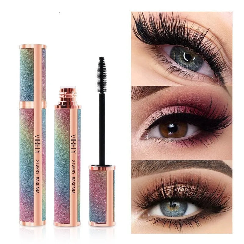 Black waterproof mascara with 4D long thick curling effect and non-smudge formula.