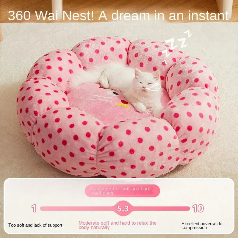 Pink dot pattern fabric cat bed for pets, shown in 45cm and 65cm diameter sizes
