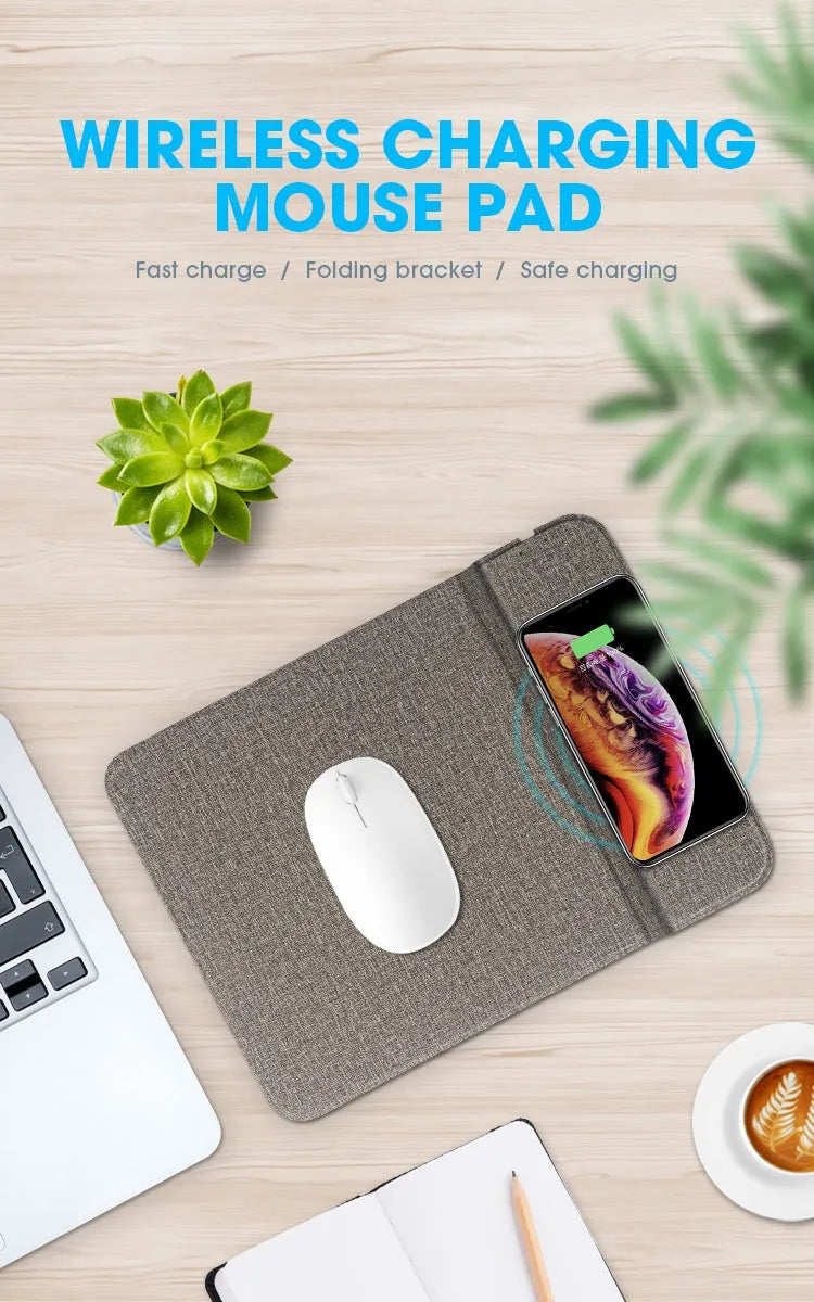 Foldable cloth wireless phone charger showing 10W fast charging and magnetic alignment features