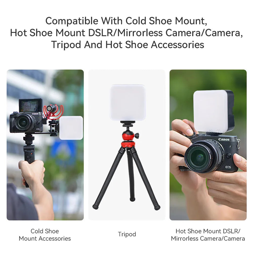 LED Mini Square Outdoor Pocket Light Tripod unit with adjustable flash head, shown with optional mounting accessories.