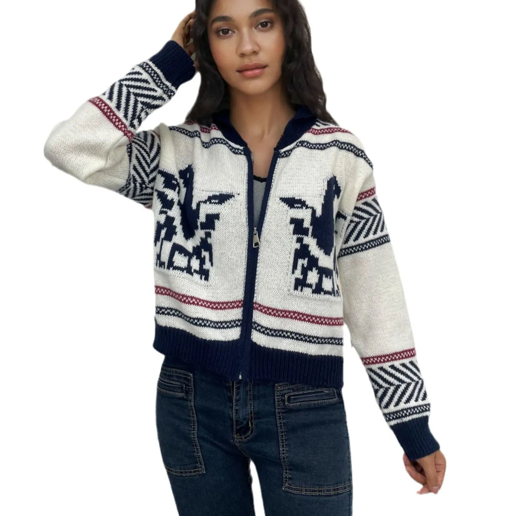 White women's zip-front cardigan sweater with contrast stripe pattern and lapel collar.