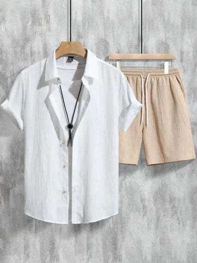 Men's Hawaiian shirt outfit with 3D printed design, short sleeves, and matching shorts