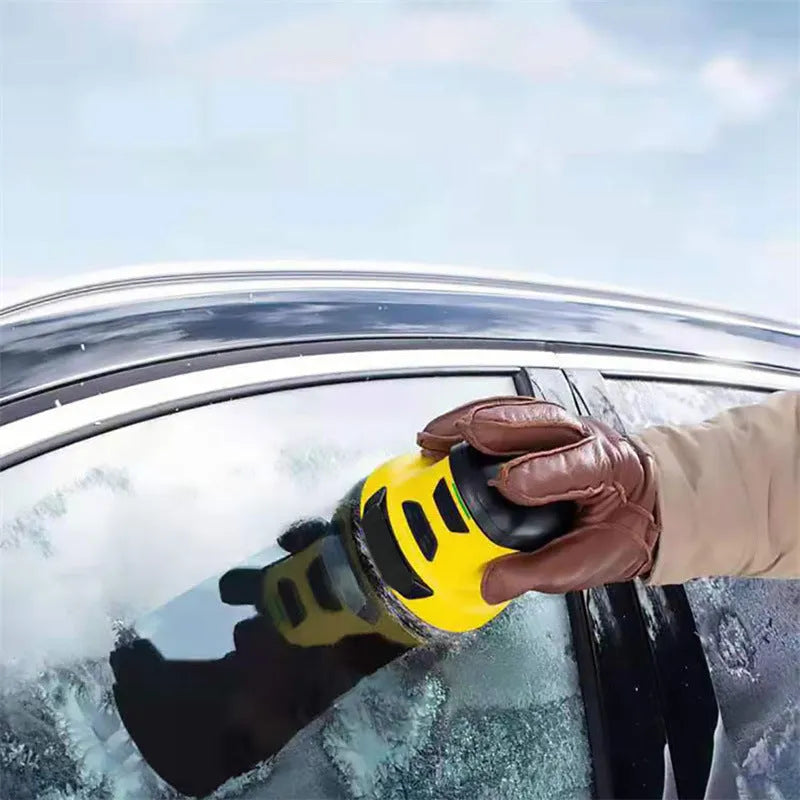 Yellow cordless electric ice scraper for car windows with lithium battery and USB charging