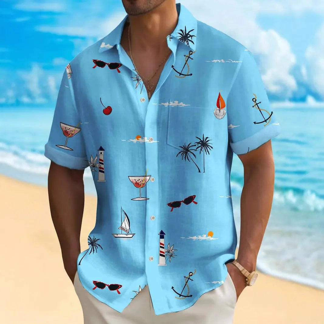 Men's loose-fit Hawaiian shirt with colourful digital print pattern on polyester fabric.