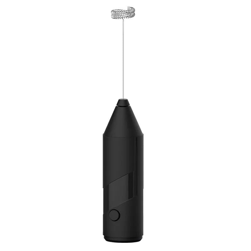 Mini handheld electric milk frother in black colour with stainless steel whisk and USB charging port.
