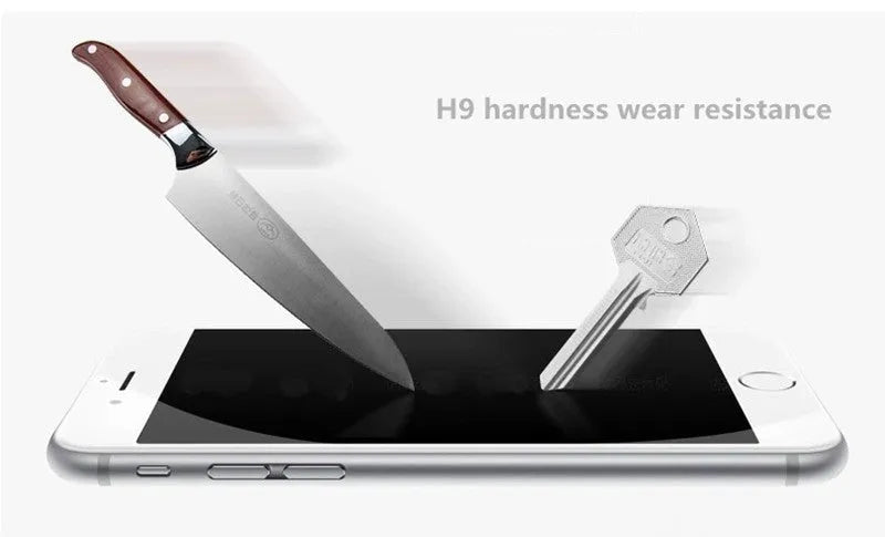 Tempered glass screen protector with 9H hardness for smartphone display.