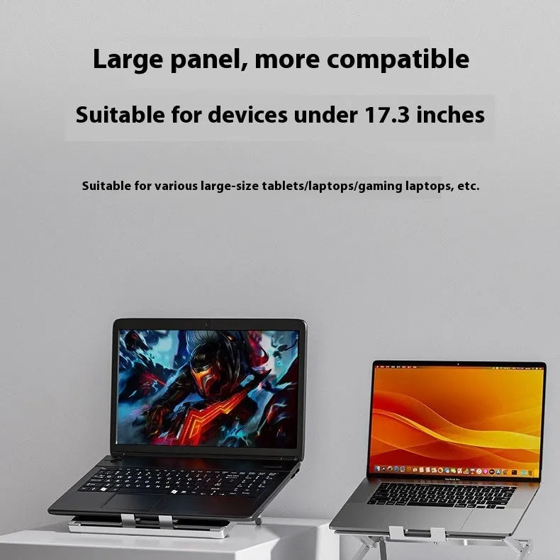 Aluminium alloy folding laptop cooling rack stand shown on a desk