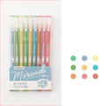Set of nine solid colour gel pens with 0.5mm needle tips, in plastic shells, presented in a choice of colour series.