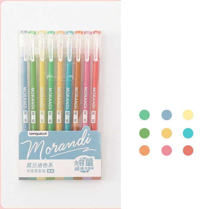 Set of nine solid colour gel pens with 0.5mm needle tips, in plastic shells, presented in a choice of colour series.