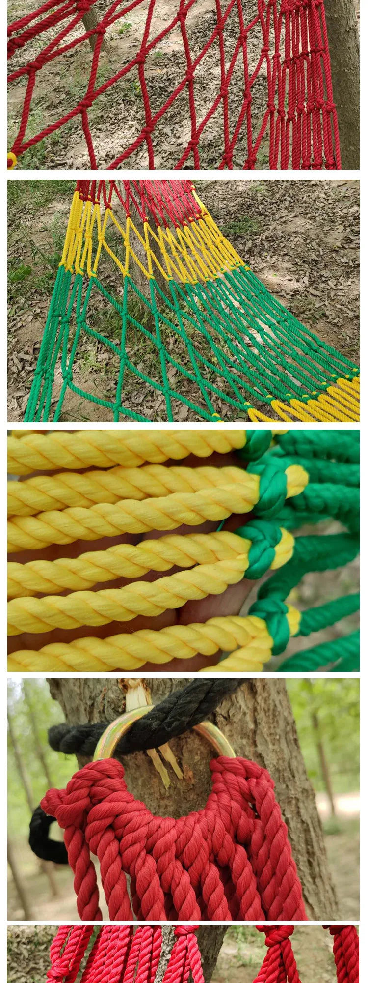 Nylon rope mesh hammock measuring 1.1m wide by 2.1m long with bold pattern design